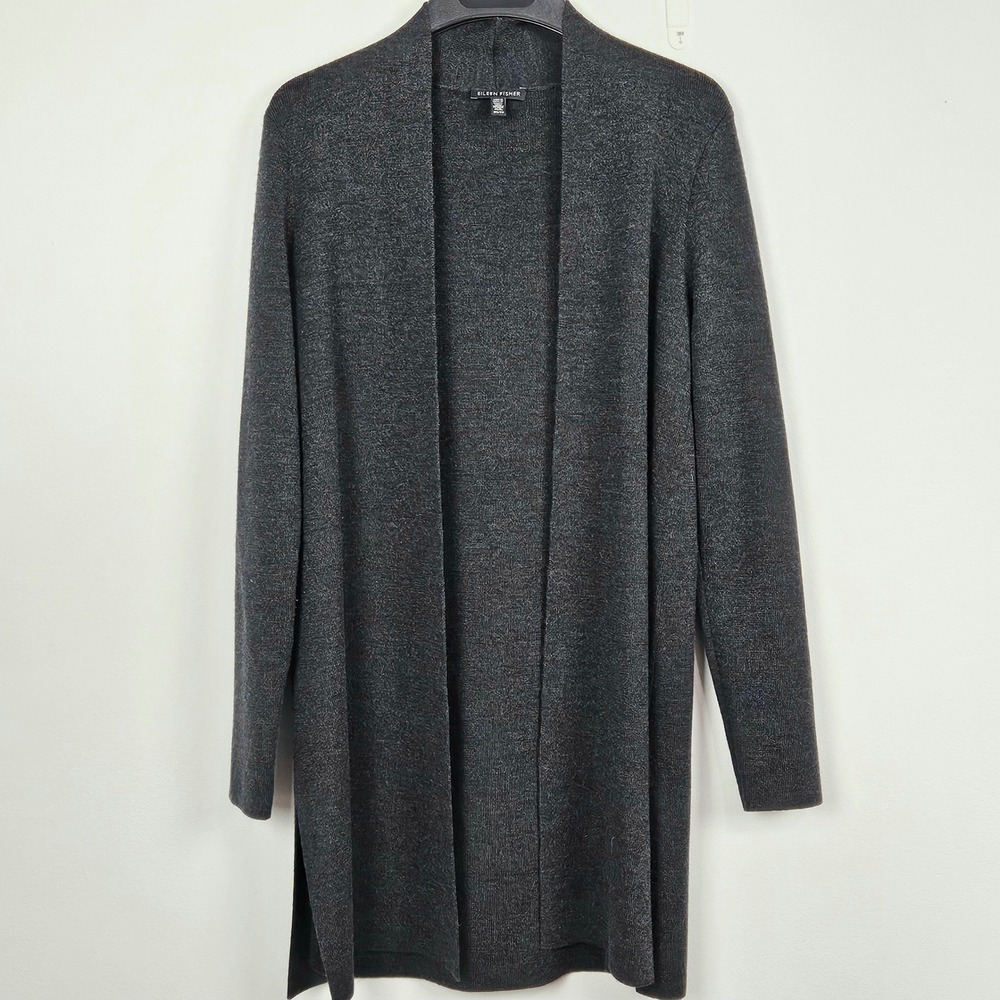 Eileen Fisher Long Cardigan Sz XS Charcoal Gray 100% Merino Wool Open Front